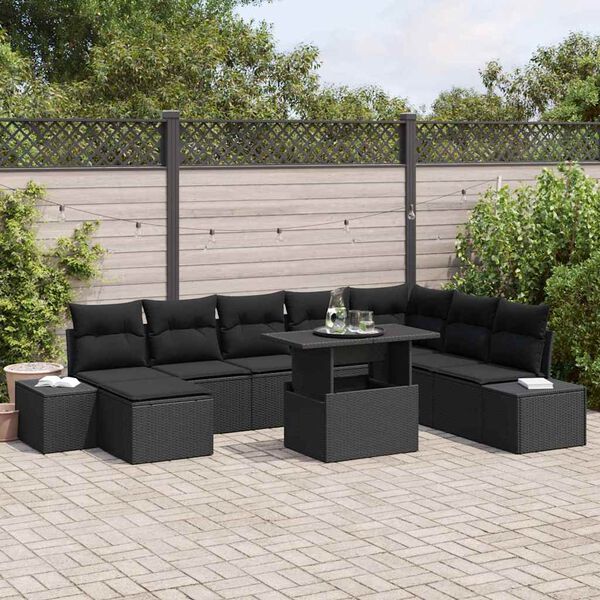 vidaXL Gartensofa-set mit Kissen 9 pcs Schwarz Poly-Rattan