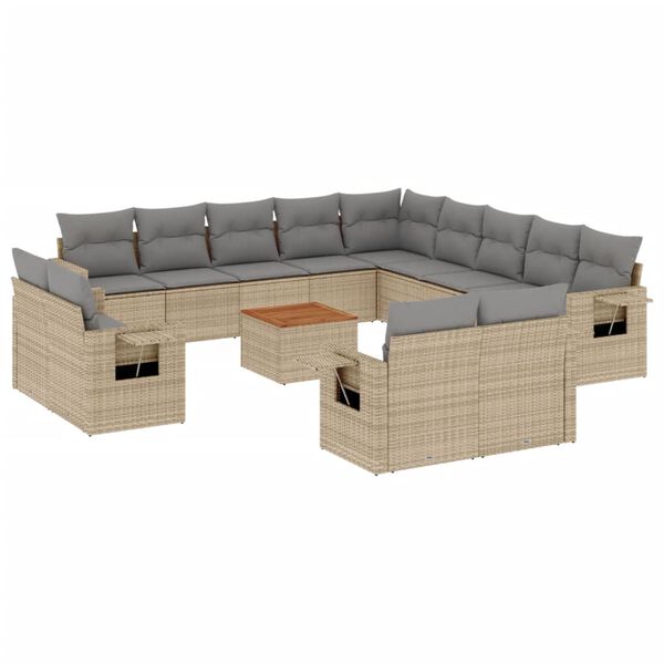 vidaXL 14-tlg. Garten-Sofagarnitur mit Kissen Beige Poly Rattan