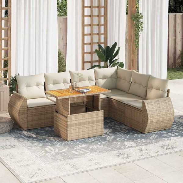 vidaXL 7-tlg. Garten-Sofagarnitur mit Kissen Beige Poly Rattan
