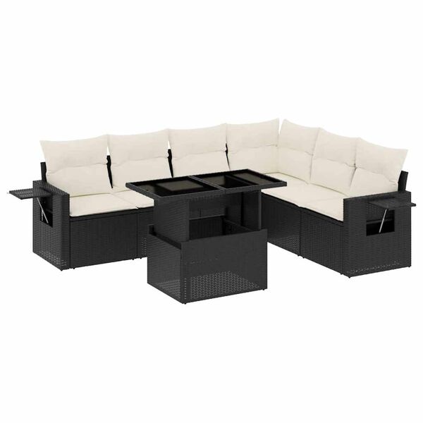 vidaXL 7-tlg. Garten-Sofagarnitur mit Kissen Schwarz Poly Rattan