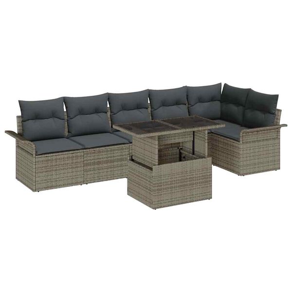 vidaXL Garten-Sofa-Set mit Kissen mit Speicher 7 pcs Grau Poly Rattan