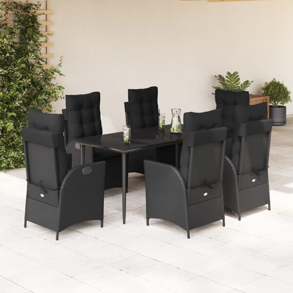 vidaXL 7-tlg. Garten-Essgruppe mit Kissen Schwarz Poly Rattan