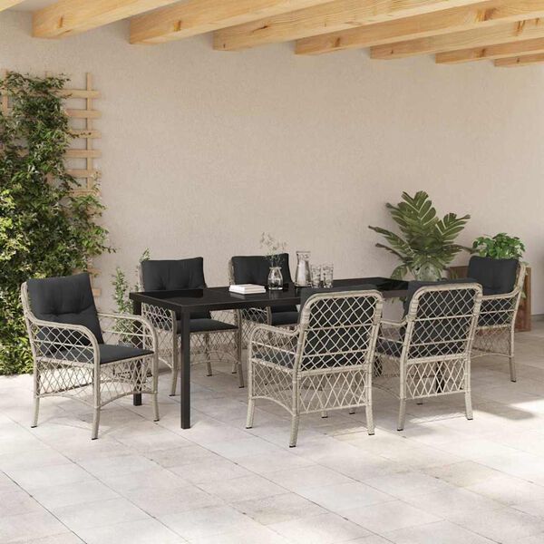 vidaXL Garten Essgruppe mit Kissen 7 pcs Hellgrau Poly-Rattan