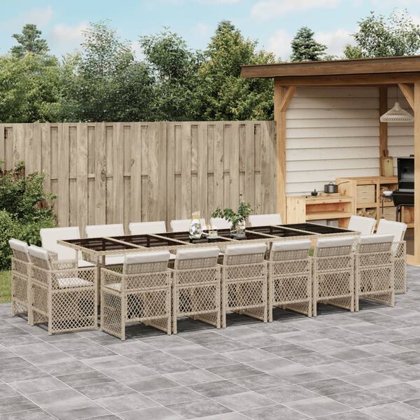 vidaXL 17-tlg. Garten-Essgruppe mit Kissen Beige Poly Rattan