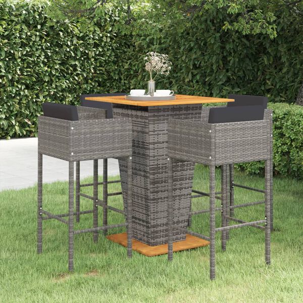 vidaXL 5-tlg. Gartenbar-Set mit Kissen Poly Rattan Grau