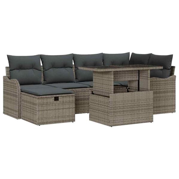 vidaXL Garten-Sofa-Set mit Kissen mit Speicher 7 pcs Grau Poly Rattan