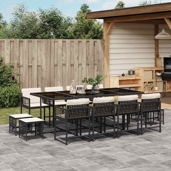 vidaXL 13-tlg. Garten-Essgruppe mit Kissen Schwarz Poly Rattan