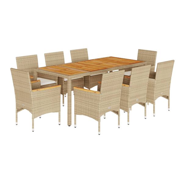 vidaXL 9-tlg. Garten-Essgruppe mit Kissen Beige Poly Rattan Akazie