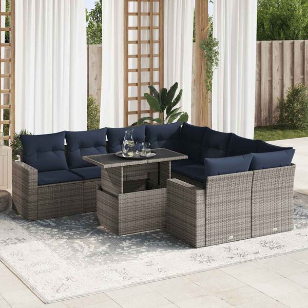 vidaXL 9-tlg. Garten-Sofagarnitur mit Kissen Grau Poly Rattan Akazie