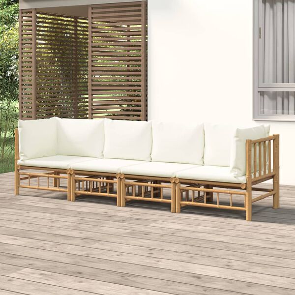 vidaXL 4-tlg. Garten-Lounge-Set mit Cremeweißen Kissen Bambus