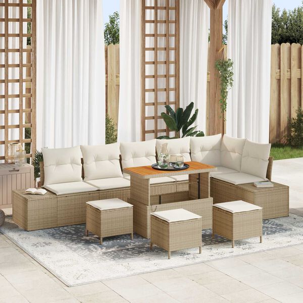 vidaXL Gartensofa-set mit Kissen mit Speicher 10 pcs Beige Poly Rattan