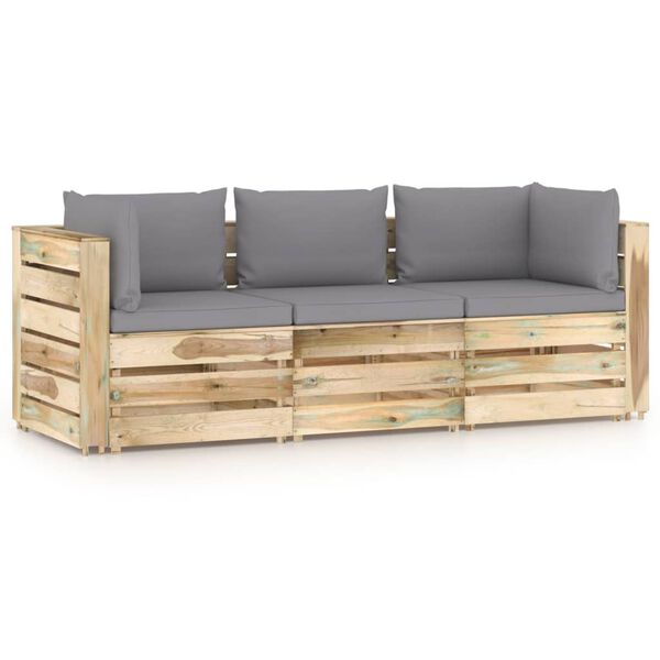 vidaXL 3-Sitzer Outdoor-Sofa mit Kissen Gr&uuml;n Impr&auml;gniertes Holz