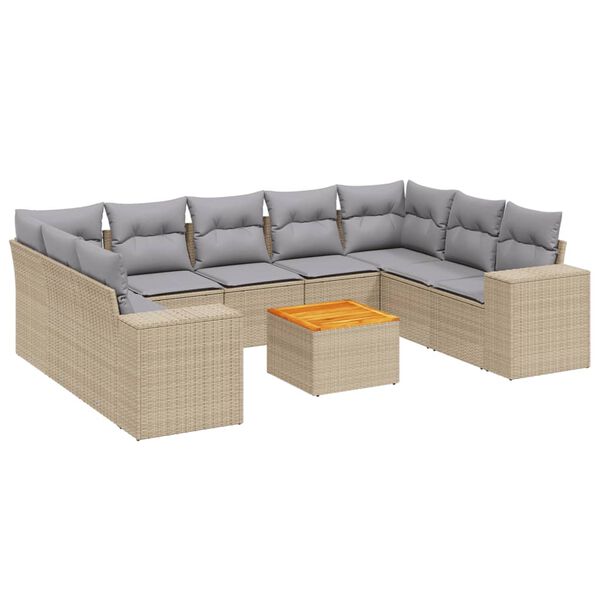 vidaXL 10-tlg. Garten-Sofagarnitur mit Kissen Beige Poly Rattan