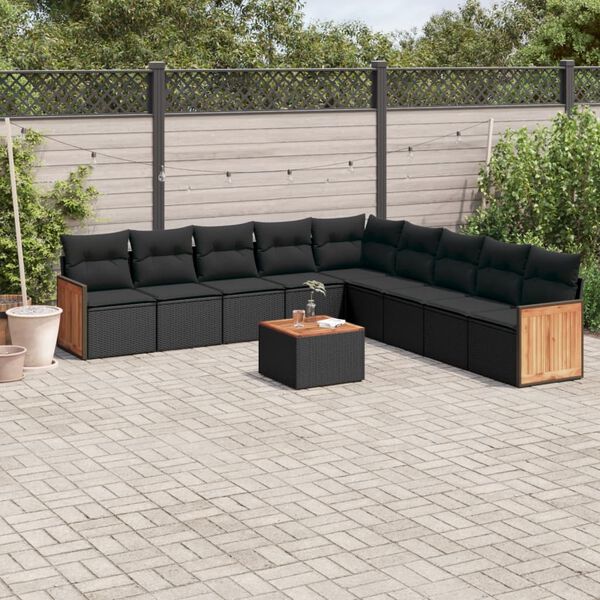 vidaXL 10-tlg. Garten-Sofagarnitur mit Kissen Schwarz Poly Rattan