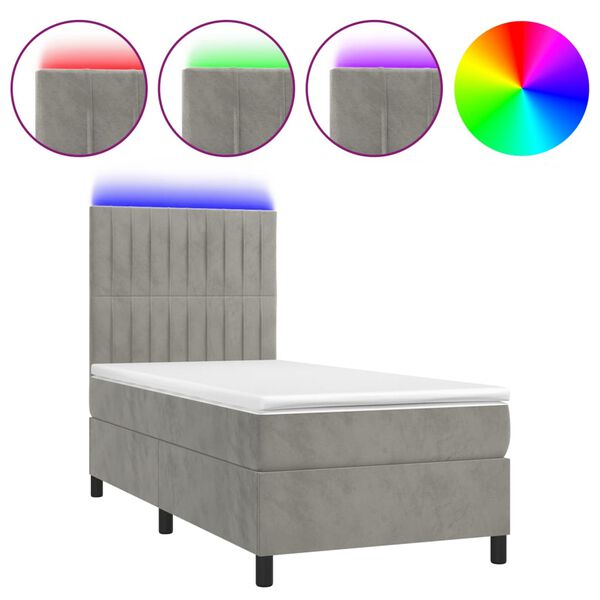 vidaXL Boxspringbett mit Matratze & LED Hellgrau 100x200 cm Samt