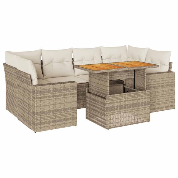 vidaXL 7-tlg. Garten-Sofagarnitur mit Kissen Beige Poly Rattan