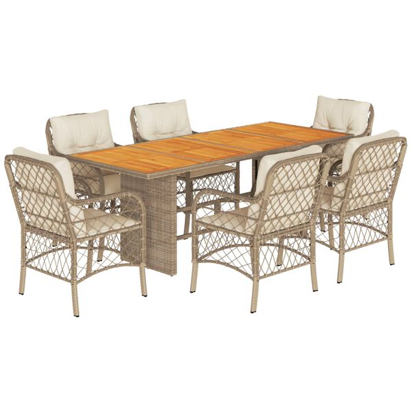 vidaXL 7-tlg. Garten-Essgruppe mit Kissen Beige Poly Rattan