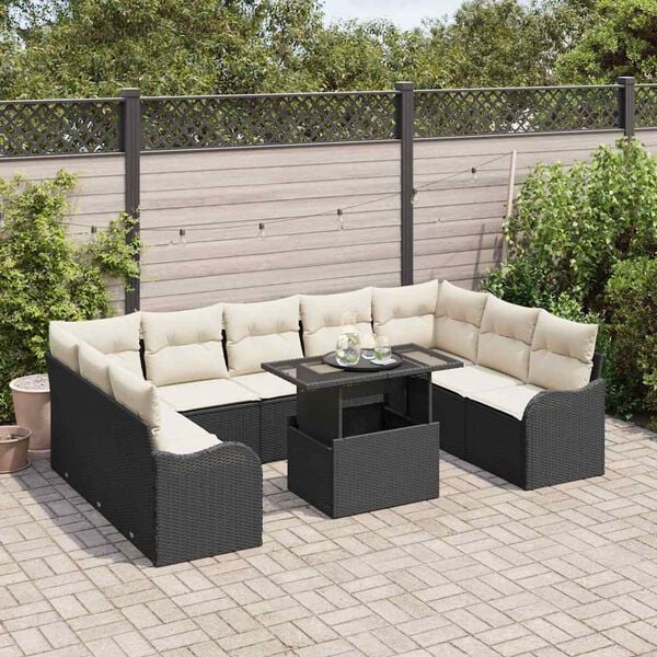 vidaXL Garten-Sofa-Set mit Kissen 10 pcs Schwarz Poly Rattan