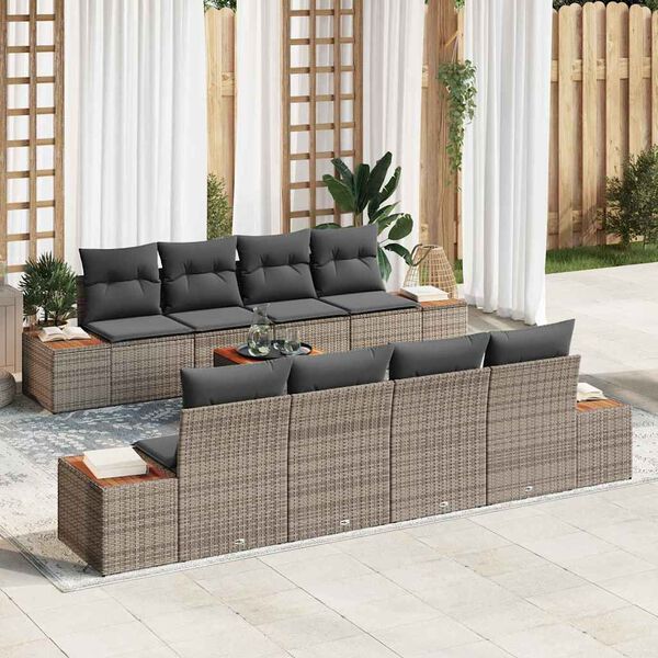 vidaXL Garten-Sofa-Set mit Kissen mit Speicher 9 pcs Grau Poly Rattan