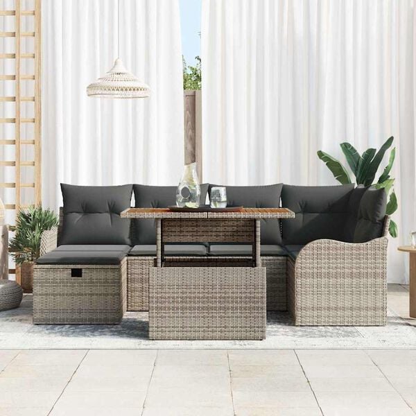 vidaXL Garten-Sofa-Set mit Kissen mit Speicher 7 pcs Grau Poly Rattan