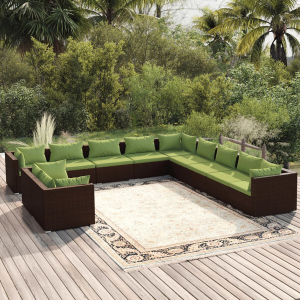vidaXL 11-tlg. Garten-Lounge-Set mit Kissen Braun Poly Rattan