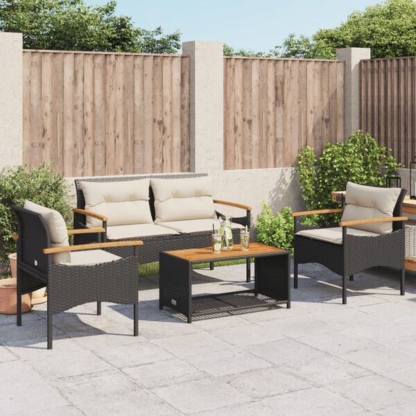 vidaXL 4-tlg. Garten-Sofagarnitur mit Kissen Schwarz Poly Rattan