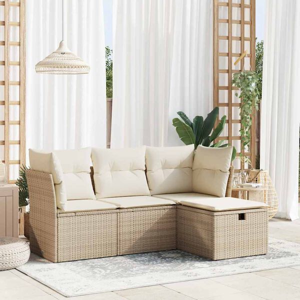 vidaXL 4-tlg. Garten-Sofagarnitur mit Kissen Beige Poly Rattan