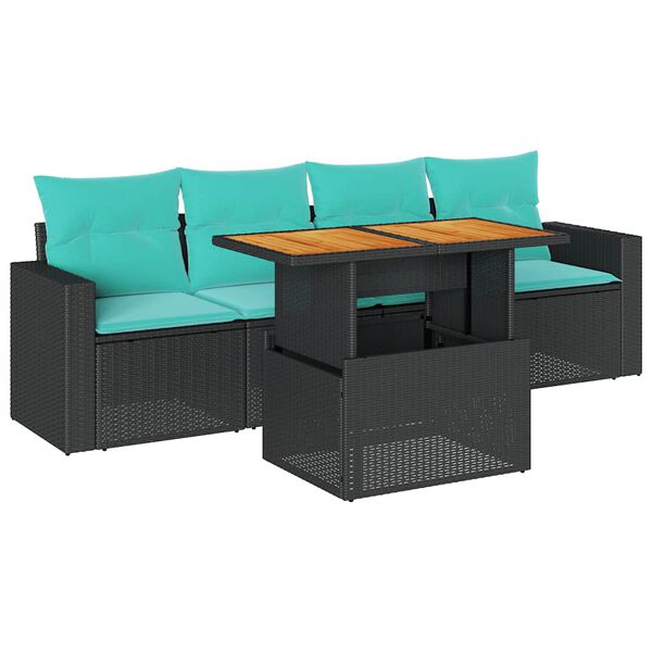 vidaXL 5-tlg. Garten-Sofagarnitur mit Kissen Schwarz Poly Rattan