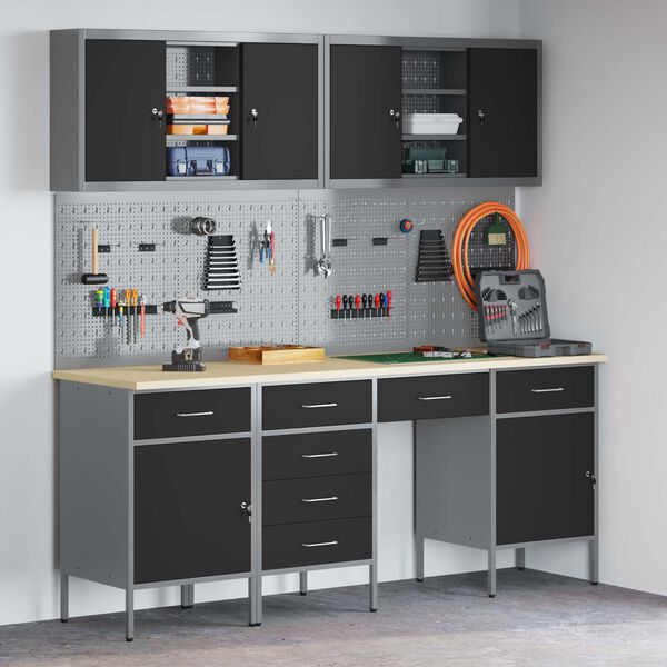 vidaXL Werkbank mit Speicher 10 pcs Schwarz Ingenieure Holz und Stahl