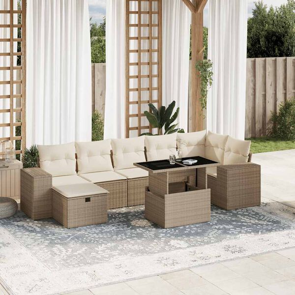 vidaXL 8-tlg. Garten-Sofagarnitur mit Kissen Beige Poly Rattan