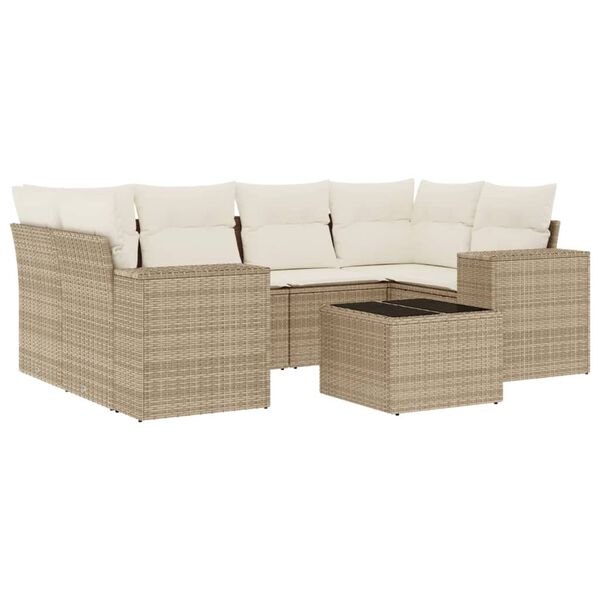 vidaXL 7-tlg. Garten-Sofagarnitur mit Kissen Beige Poly Rattan