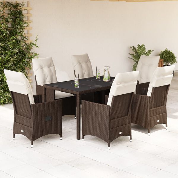 vidaXL 7-tlg. Garten-Essgruppe mit Kissen Braun Poly Rattan