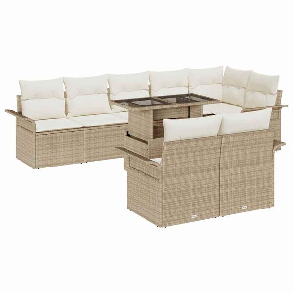 vidaXL Garten-Sofa-Set mit Kissen mit Speicher 9 pcs Beige Poly Rattan