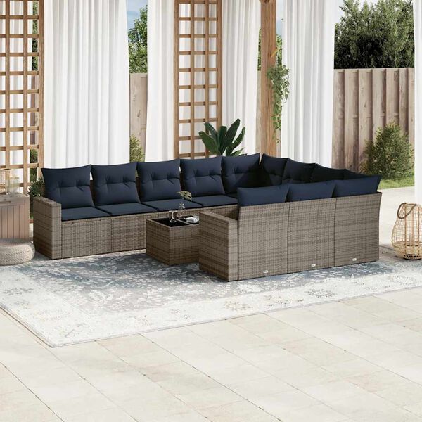 vidaXL 11-tlg. Garten-Sofagarnitur mit Kissen Grau Poly Rattan