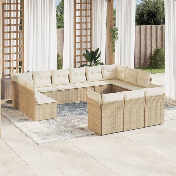 vidaXL 13-tlg. Garten-Sofagarnitur mit Kissen Beige Poly Rattan