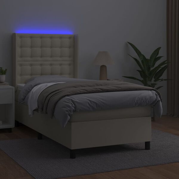 vidaXL Boxspringbett mit Matratze & LED Creme 90x200 cm Kunstleder