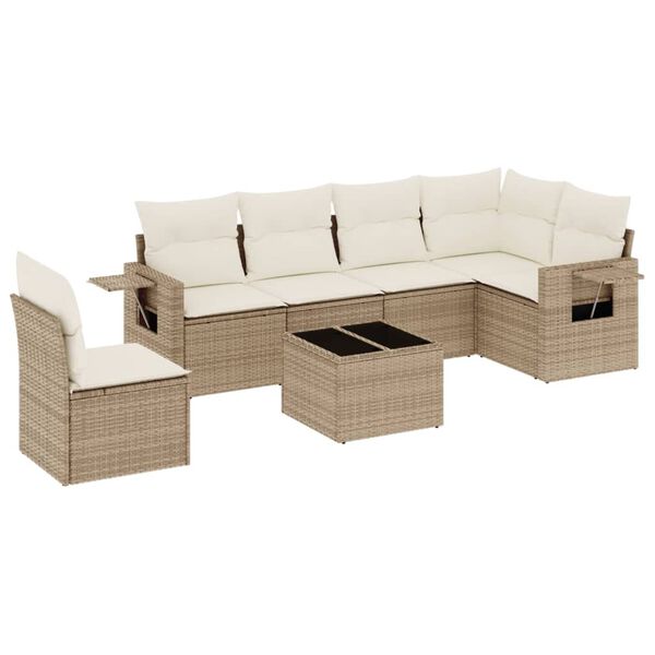 vidaXL 7-tlg. Garten-Sofagarnitur mit Kissen Beige Poly Rattan