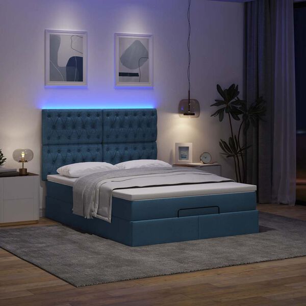 vidaXL Ottoman-Bett mit Matratze & LEDs Blau 140x200 cm Stoff