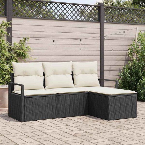 vidaXL Sofa Set mit Kissen 4 pcs Schwarz und Creme Poly-Rattan