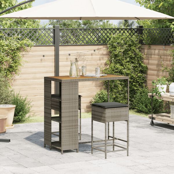 vidaXL 3-tlg. Gartenbar-Set mit Kissen Grau Poly Rattan