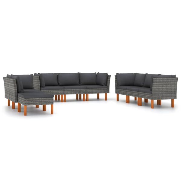 vidaXL 9-tlg. Garten-Lounge-Set mit Kissen Poly Rattan Grau