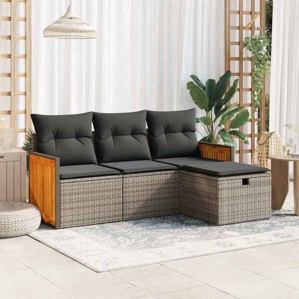 vidaXL 4-tlg. Garten-Sofagarnitur mit Kissen Grau Poly Rattan