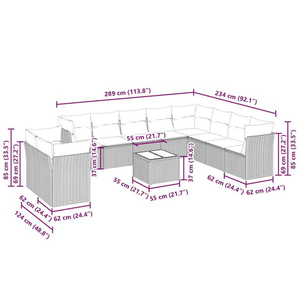 vidaXL 11-tlg. Garten-Sofagarnitur mit Kissen Hellgrau Poly Rattan