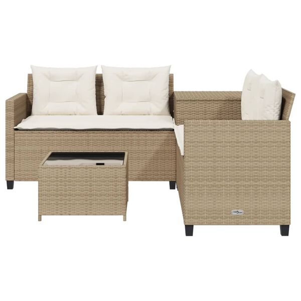 vidaXL Gartensofa in L-Form mit Tisch und Kissen Beige Poly Rattan