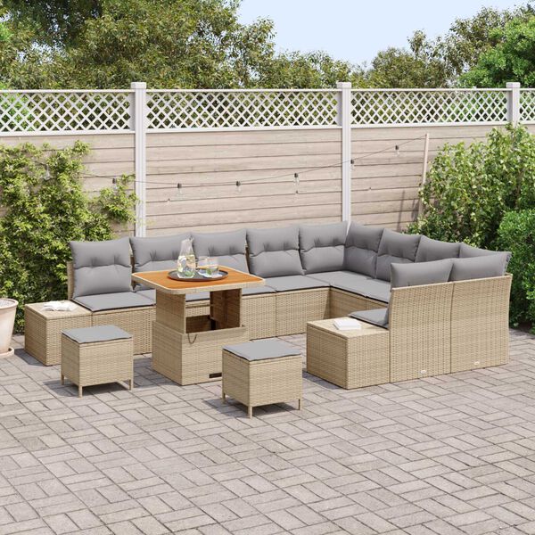 vidaXL Gartensofa-set mit Kissen mit Speicher 12 pcs Beige Poly Rattan