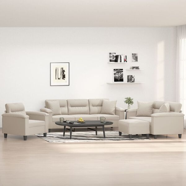 vidaXL 4-tlg. Sofagarnitur mit Kissen Creme Mikrofasergewebe