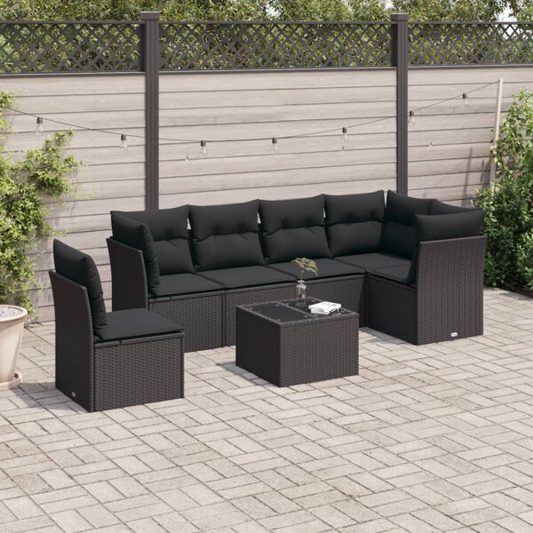 vidaXL 7-tlg. Garten-Sofagarnitur mit Kissen Schwarz Poly Rattan