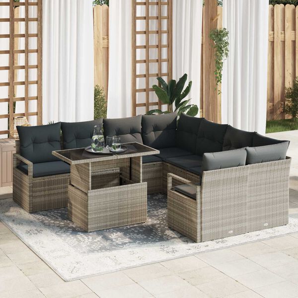 vidaXL Garten-Sofa-Set mit Speicher 9 pcs Hellgrau Poly Rattan