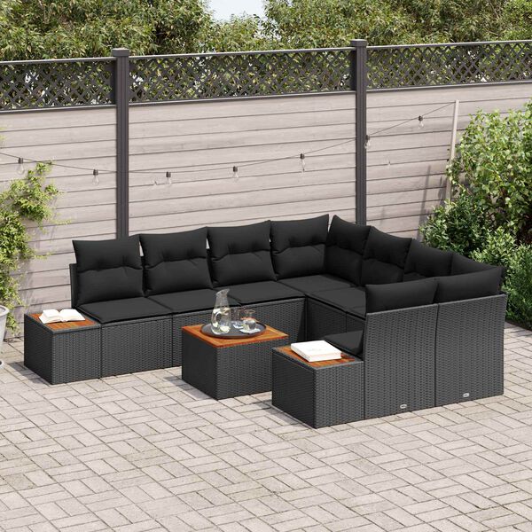 vidaXL Garten-Sofa-Set mit Kissen 9 pcs Schwarz Poly Rattan