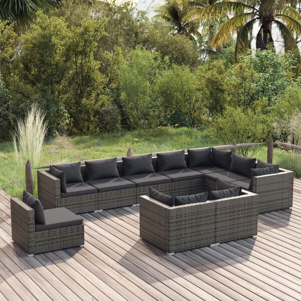 vidaXL 10-tlg. Garten-Lounge-Set mit Kissen Poly Rattan Grau